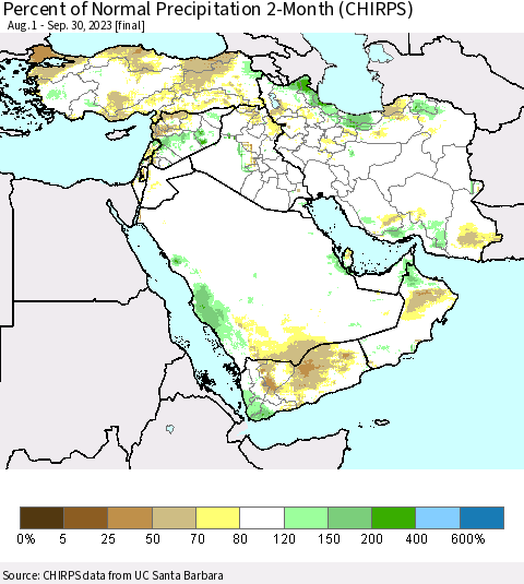 Middle East and Turkey Percent of Normal Precipitation 2-Month (CHIRPS) Thematic Map For 8/1/2023 - 9/30/2023