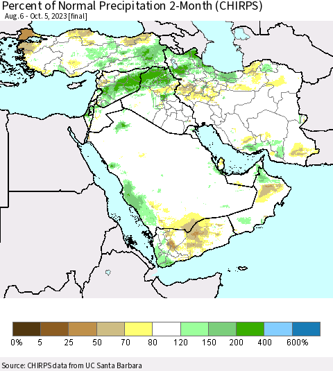 Middle East and Turkey Percent of Normal Precipitation 2-Month (CHIRPS) Thematic Map For 8/6/2023 - 10/5/2023