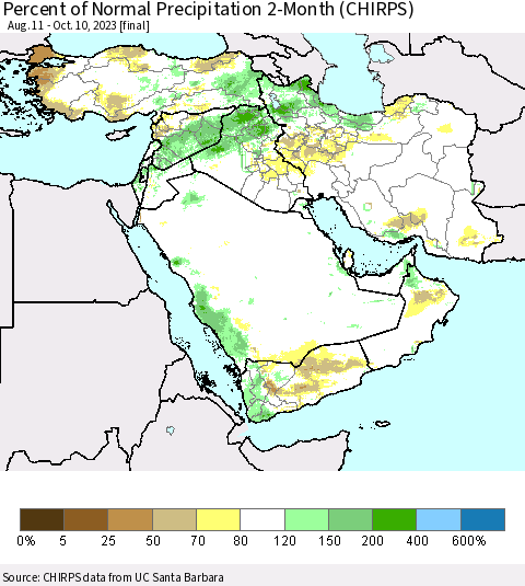 Middle East and Turkey Percent of Normal Precipitation 2-Month (CHIRPS) Thematic Map For 8/11/2023 - 10/10/2023