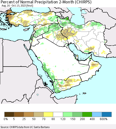 Middle East and Turkey Percent of Normal Precipitation 2-Month (CHIRPS) Thematic Map For 8/16/2023 - 10/15/2023