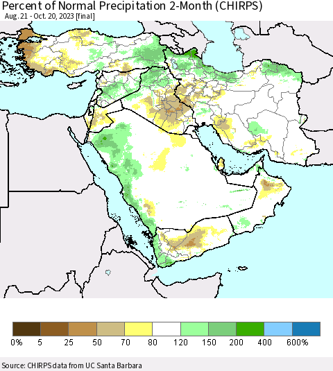 Middle East and Turkey Percent of Normal Precipitation 2-Month (CHIRPS) Thematic Map For 8/21/2023 - 10/20/2023