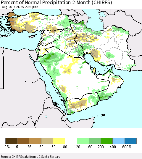 Middle East and Turkey Percent of Normal Precipitation 2-Month (CHIRPS) Thematic Map For 8/26/2023 - 10/25/2023