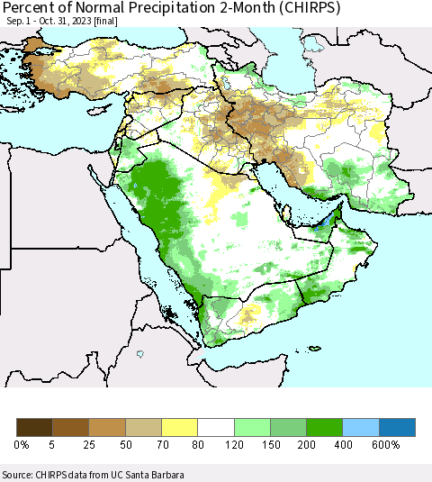 Middle East and Turkey Percent of Normal Precipitation 2-Month (CHIRPS) Thematic Map For 9/1/2023 - 10/31/2023