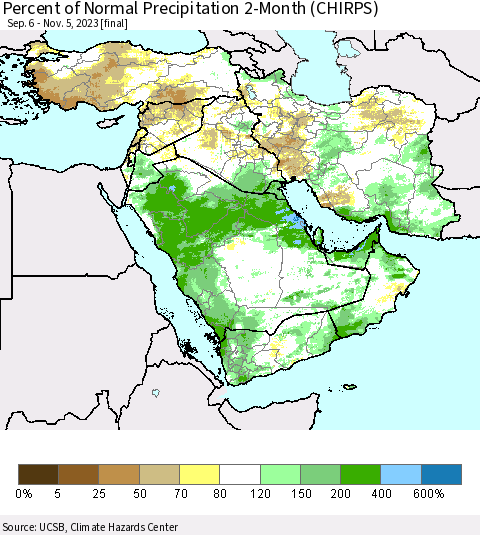 Middle East and Turkey Percent of Normal Precipitation 2-Month (CHIRPS) Thematic Map For 9/6/2023 - 11/5/2023