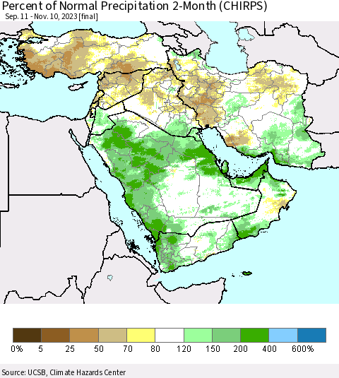 Middle East and Turkey Percent of Normal Precipitation 2-Month (CHIRPS) Thematic Map For 9/11/2023 - 11/10/2023