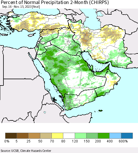Middle East and Turkey Percent of Normal Precipitation 2-Month (CHIRPS) Thematic Map For 9/16/2023 - 11/15/2023