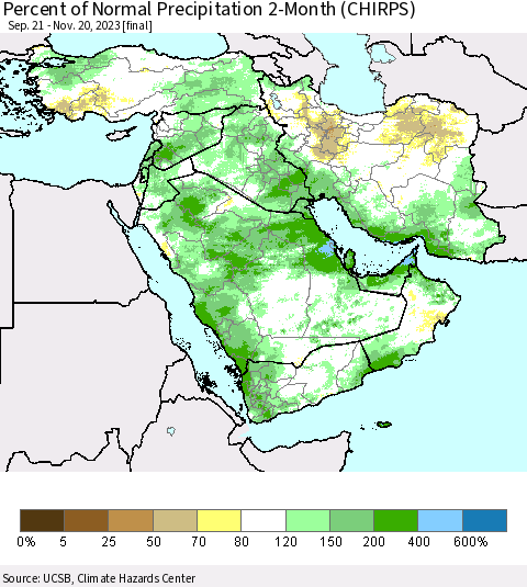 Middle East and Turkey Percent of Normal Precipitation 2-Month (CHIRPS) Thematic Map For 9/21/2023 - 11/20/2023
