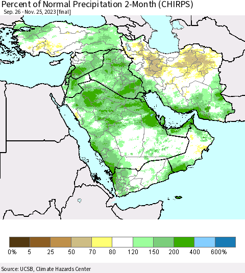 Middle East and Turkey Percent of Normal Precipitation 2-Month (CHIRPS) Thematic Map For 9/26/2023 - 11/25/2023