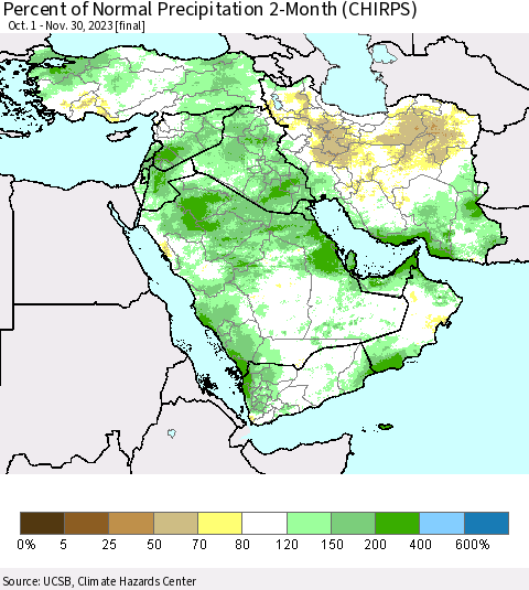Middle East and Turkey Percent of Normal Precipitation 2-Month (CHIRPS) Thematic Map For 10/1/2023 - 11/30/2023