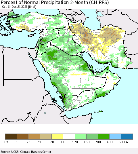 Middle East and Turkey Percent of Normal Precipitation 2-Month (CHIRPS) Thematic Map For 10/6/2023 - 12/5/2023