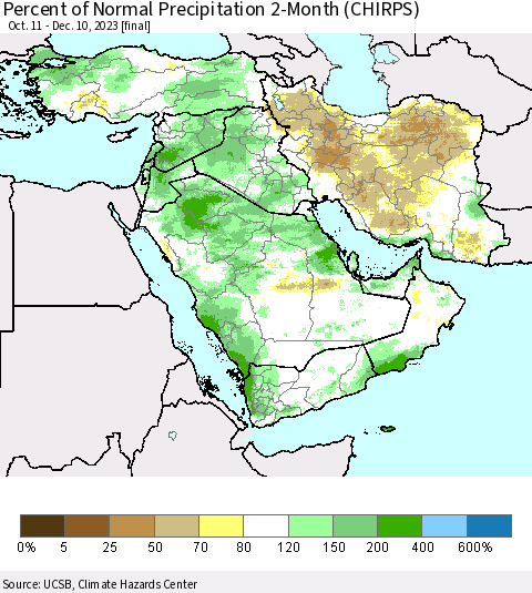 Middle East and Turkey Percent of Normal Precipitation 2-Month (CHIRPS) Thematic Map For 10/11/2023 - 12/10/2023