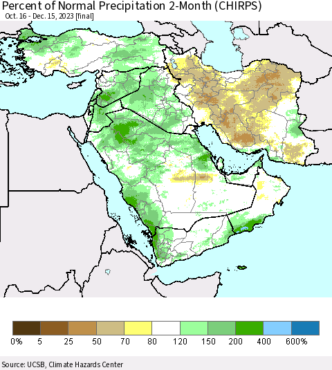 Middle East and Turkey Percent of Normal Precipitation 2-Month (CHIRPS) Thematic Map For 10/16/2023 - 12/15/2023