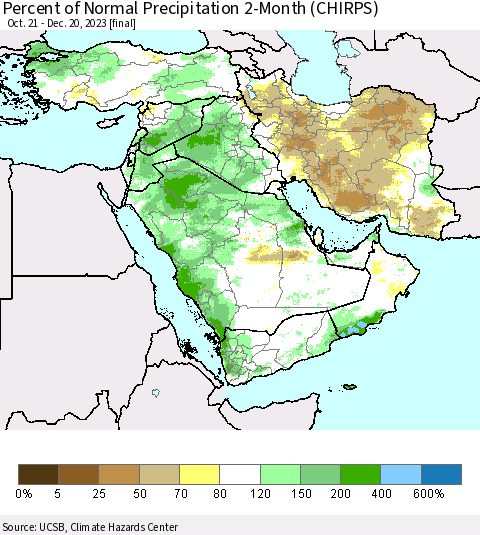 Middle East and Turkey Percent of Normal Precipitation 2-Month (CHIRPS) Thematic Map For 10/21/2023 - 12/20/2023