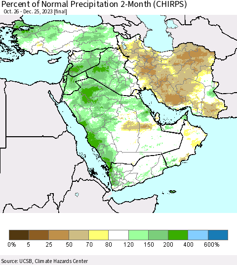 Middle East and Turkey Percent of Normal Precipitation 2-Month (CHIRPS) Thematic Map For 10/26/2023 - 12/25/2023