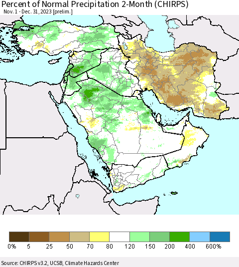 Middle East and Turkey Percent of Normal Precipitation 2-Month (CHIRPS) Thematic Map For 11/1/2023 - 12/31/2023