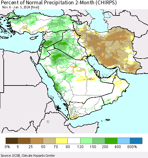 Middle East and Turkey Percent of Normal Precipitation 2-Month (CHIRPS) Thematic Map For 11/6/2023 - 1/5/2024