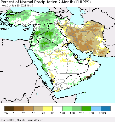 Middle East and Turkey Percent of Normal Precipitation 2-Month (CHIRPS) Thematic Map For 11/11/2023 - 1/10/2024
