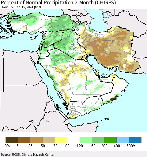Middle East and Turkey Percent of Normal Precipitation 2-Month (CHIRPS) Thematic Map For 11/16/2023 - 1/15/2024