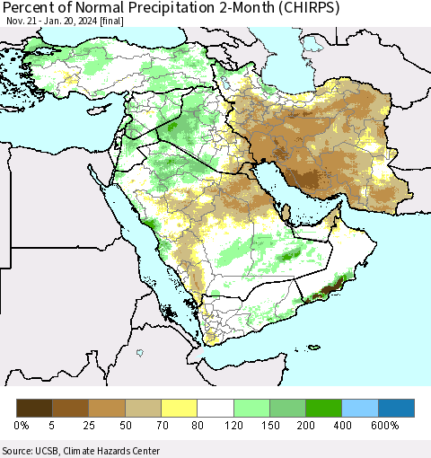 Middle East and Turkey Percent of Normal Precipitation 2-Month (CHIRPS) Thematic Map For 11/21/2023 - 1/20/2024
