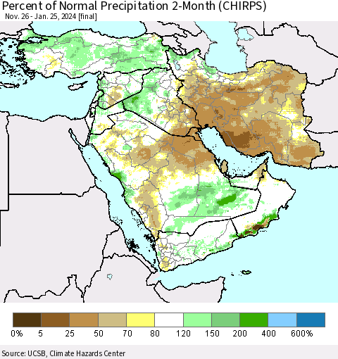 Middle East and Turkey Percent of Normal Precipitation 2-Month (CHIRPS) Thematic Map For 11/26/2023 - 1/25/2024
