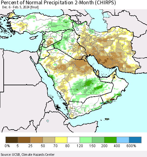 Middle East and Turkey Percent of Normal Precipitation 2-Month (CHIRPS) Thematic Map For 12/6/2023 - 2/5/2024