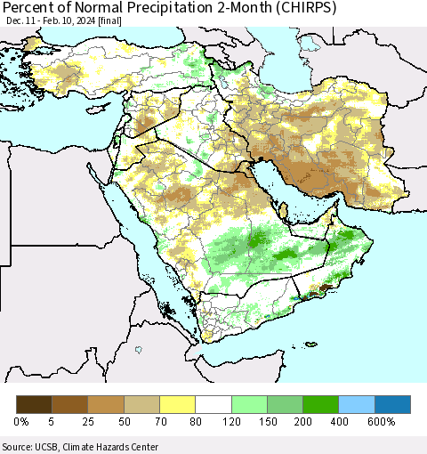 Middle East and Turkey Percent of Normal Precipitation 2-Month (CHIRPS) Thematic Map For 12/11/2023 - 2/10/2024