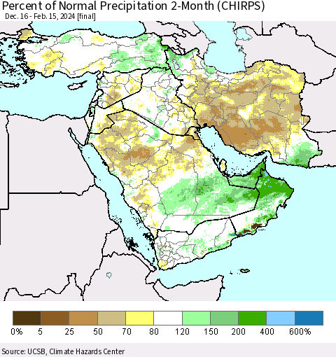 Middle East and Turkey Percent of Normal Precipitation 2-Month (CHIRPS) Thematic Map For 12/16/2023 - 2/15/2024