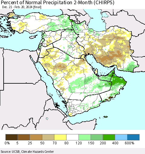 Middle East and Turkey Percent of Normal Precipitation 2-Month (CHIRPS) Thematic Map For 12/21/2023 - 2/20/2024