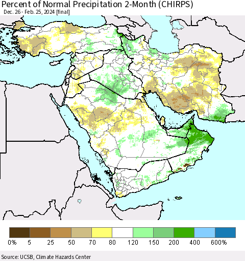 Middle East and Turkey Percent of Normal Precipitation 2-Month (CHIRPS) Thematic Map For 12/26/2023 - 2/25/2024