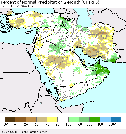 Middle East and Turkey Percent of Normal Precipitation 2-Month (CHIRPS) Thematic Map For 1/1/2024 - 2/29/2024