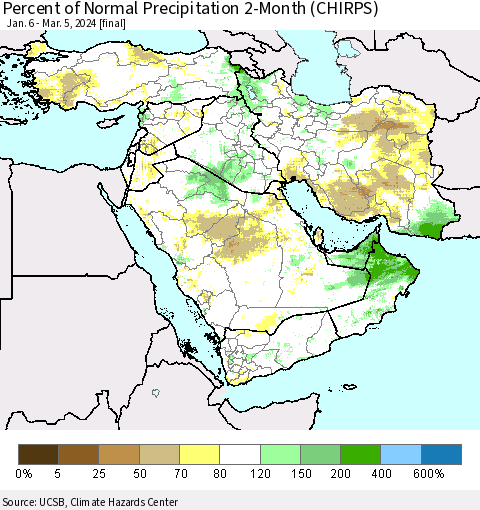 Middle East and Turkey Percent of Normal Precipitation 2-Month (CHIRPS) Thematic Map For 1/6/2024 - 3/5/2024