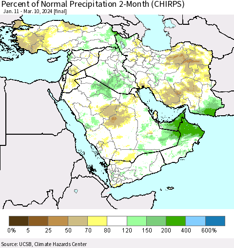 Middle East and Turkey Percent of Normal Precipitation 2-Month (CHIRPS) Thematic Map For 1/11/2024 - 3/10/2024