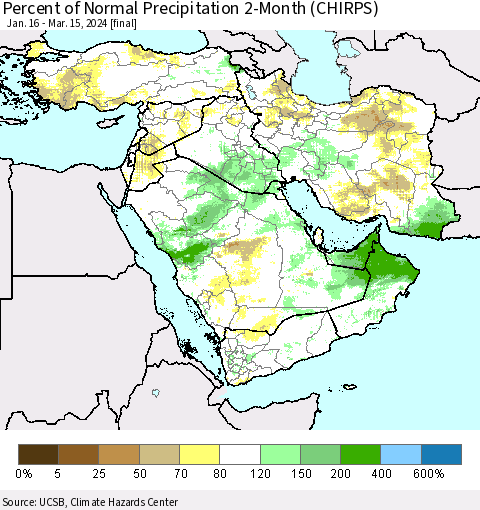 Middle East and Turkey Percent of Normal Precipitation 2-Month (CHIRPS) Thematic Map For 1/16/2024 - 3/15/2024