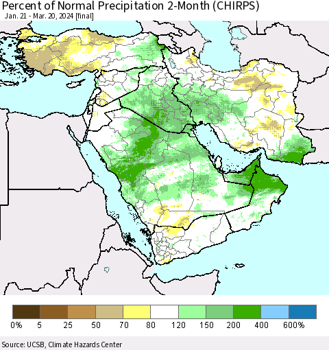 Middle East and Turkey Percent of Normal Precipitation 2-Month (CHIRPS) Thematic Map For 1/21/2024 - 3/20/2024