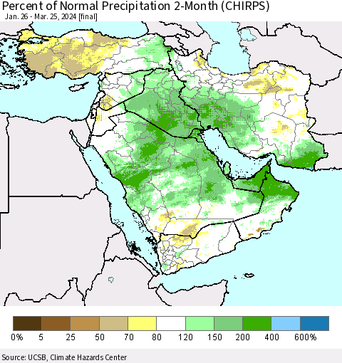 Middle East and Turkey Percent of Normal Precipitation 2-Month (CHIRPS) Thematic Map For 1/26/2024 - 3/25/2024