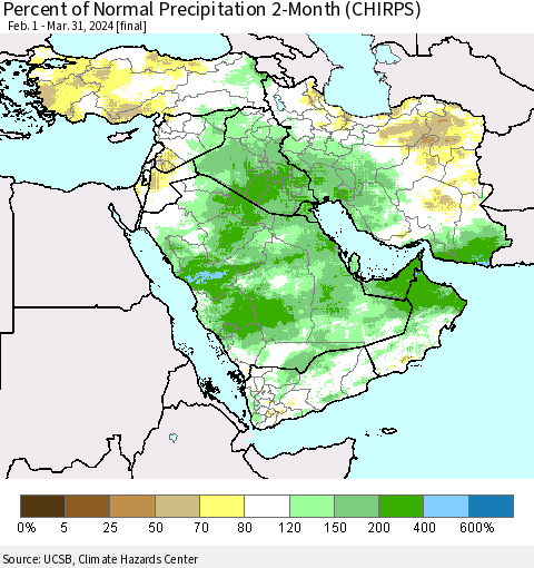 Middle East and Turkey Percent of Normal Precipitation 2-Month (CHIRPS) Thematic Map For 2/1/2024 - 3/31/2024