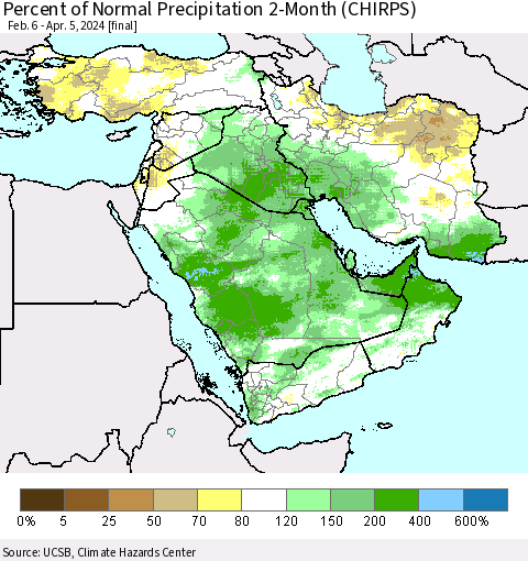 Middle East and Turkey Percent of Normal Precipitation 2-Month (CHIRPS) Thematic Map For 2/6/2024 - 4/5/2024