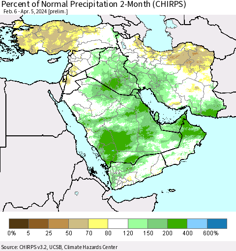Middle East and Turkey Percent of Normal Precipitation 2-Month (CHIRPS) Thematic Map For 2/6/2024 - 4/5/2024
