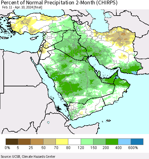 Middle East and Turkey Percent of Normal Precipitation 2-Month (CHIRPS) Thematic Map For 2/11/2024 - 4/10/2024