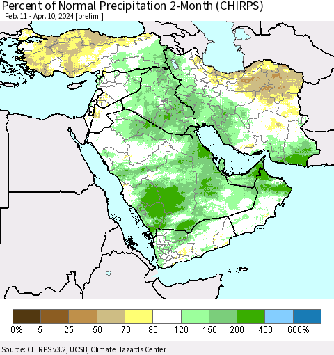 Middle East and Turkey Percent of Normal Precipitation 2-Month (CHIRPS) Thematic Map For 2/11/2024 - 4/10/2024