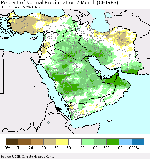 Middle East and Turkey Percent of Normal Precipitation 2-Month (CHIRPS) Thematic Map For 2/16/2024 - 4/15/2024