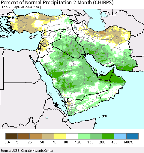 Middle East and Turkey Percent of Normal Precipitation 2-Month (CHIRPS) Thematic Map For 2/21/2024 - 4/20/2024