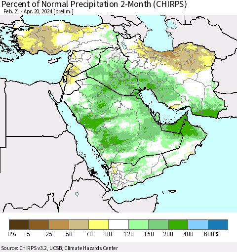 Middle East and Turkey Percent of Normal Precipitation 2-Month (CHIRPS) Thematic Map For 2/21/2024 - 4/20/2024