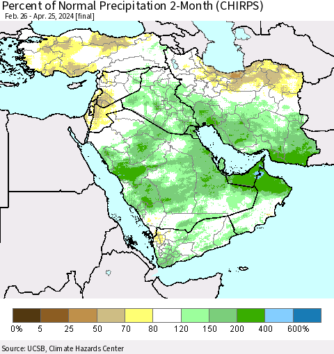 Middle East and Turkey Percent of Normal Precipitation 2-Month (CHIRPS) Thematic Map For 2/26/2024 - 4/25/2024