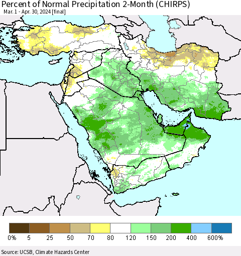 Middle East and Turkey Percent of Normal Precipitation 2-Month (CHIRPS) Thematic Map For 3/1/2024 - 4/30/2024