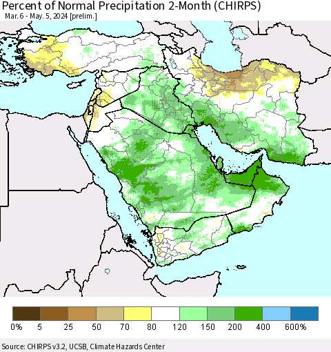 Middle East and Turkey Percent of Normal Precipitation 2-Month (CHIRPS) Thematic Map For 3/6/2024 - 5/5/2024