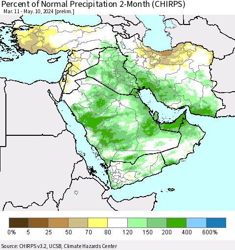 Middle East and Turkey Percent of Normal Precipitation 2-Month (CHIRPS) Thematic Map For 3/11/2024 - 5/10/2024