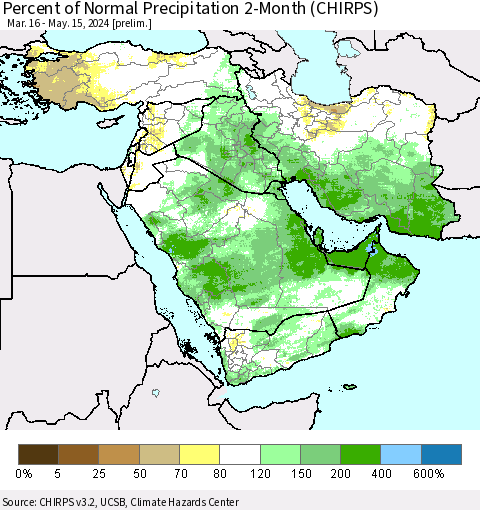 Middle East and Turkey Percent of Normal Precipitation 2-Month (CHIRPS) Thematic Map For 3/16/2024 - 5/15/2024
