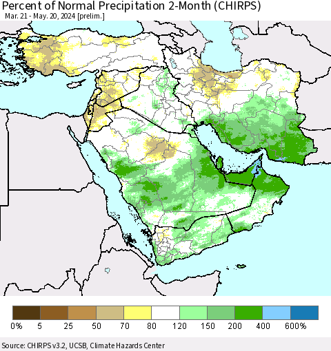 Middle East and Turkey Percent of Normal Precipitation 2-Month (CHIRPS) Thematic Map For 3/21/2024 - 5/20/2024