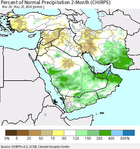 Middle East and Turkey Percent of Normal Precipitation 2-Month (CHIRPS) Thematic Map For 3/26/2024 - 5/25/2024